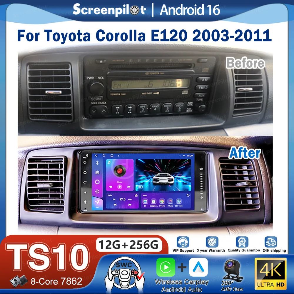 Radio Multimedia para Auto Android 16 de 7'' para Toyota Corolla E120 2003-2011 BYD F3, Reproductor de Radio para Auto, Pantalla, Unidad Principal, Carplay, 8 Núcleos