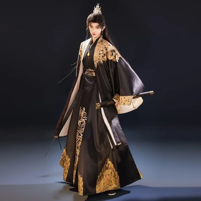 black-gold-hanfu-men-women-ancient-weijin-period-cross-collar-clothing-traditional-chinese-shiny-silk-long-robe-carnival-suits