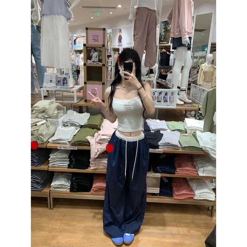 American Contrasting Color Wide-leg Pants for Women New High-waisted Loose Versatile Straight-leg Sports and Casual Trousers