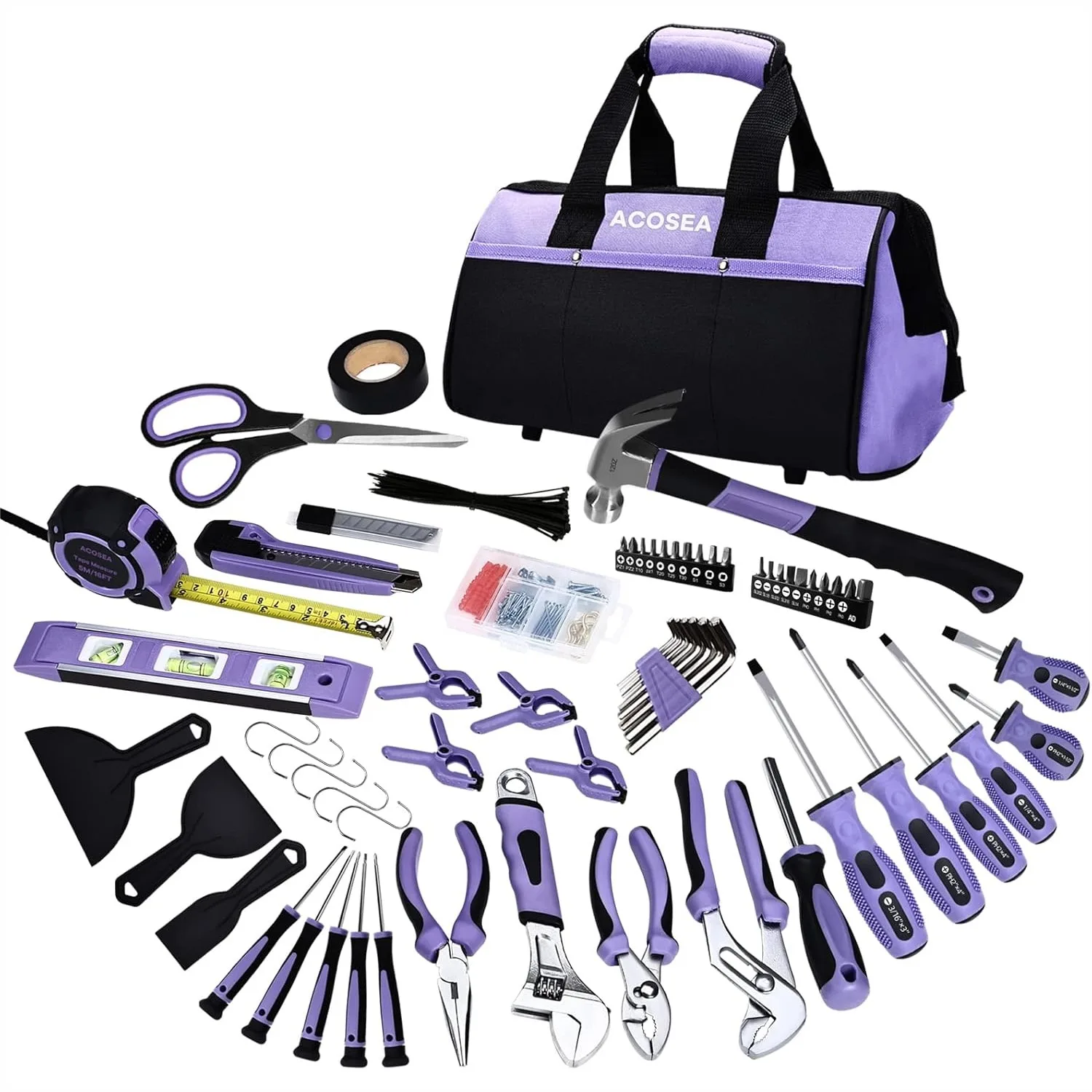 

223-Piece Purple Tool Set for Women, Basic Home Maintenance Kit with 13-Inch Wide Mouth Tool Bag, Ergonomic Hand Tools