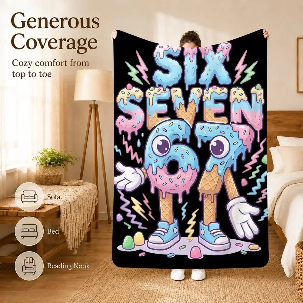 Retro Color Block 67 Number Robot Throw Soft Lightweight Flannel Blanket for Sofa Couch Bedroom Living Room Home Decor