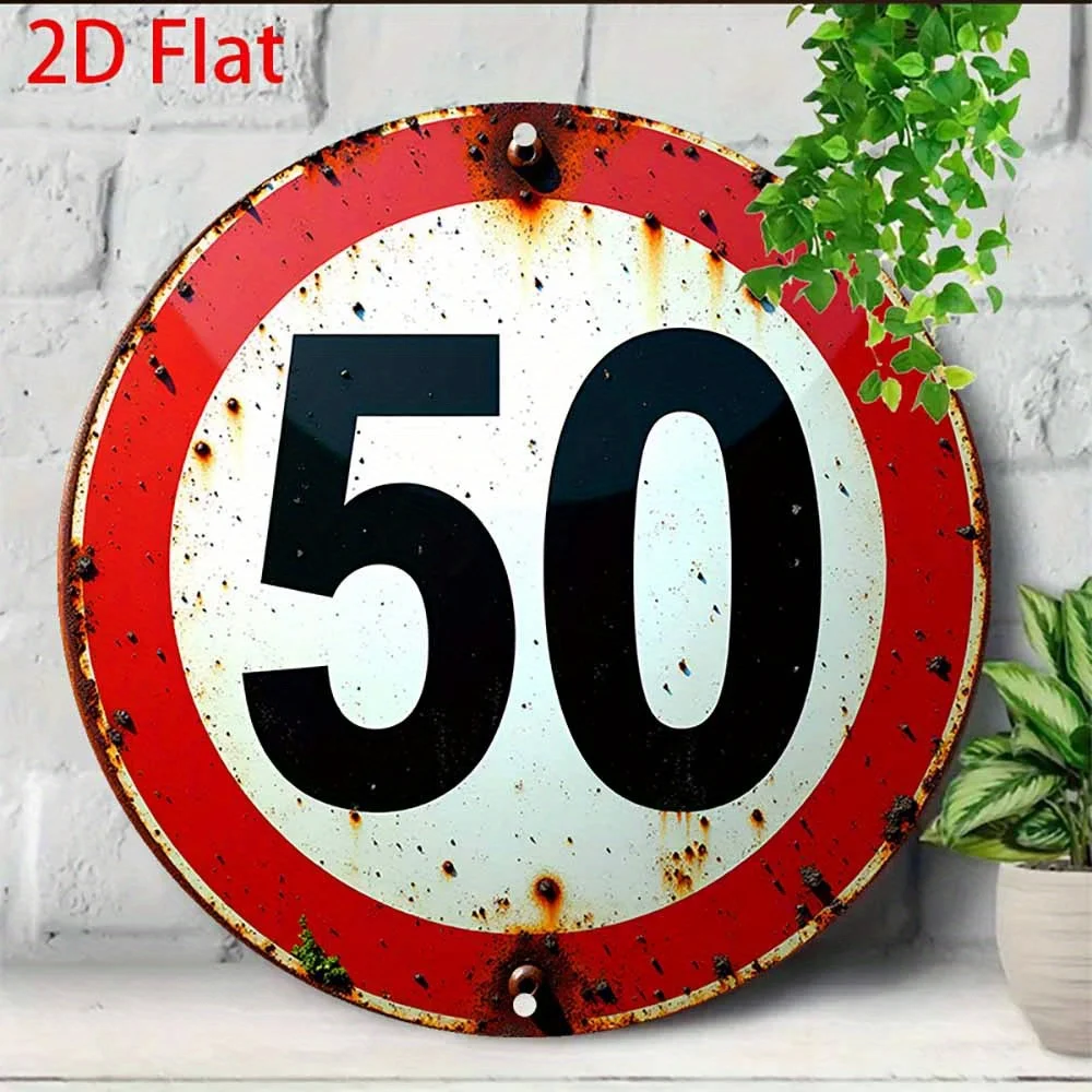 2D Flat Retro 50Th Birthday Party Sign，Round Wall Decor, Pre-Drilled Holes, Rustic Red Design, for Home, Bar, Cafe, Wall Art