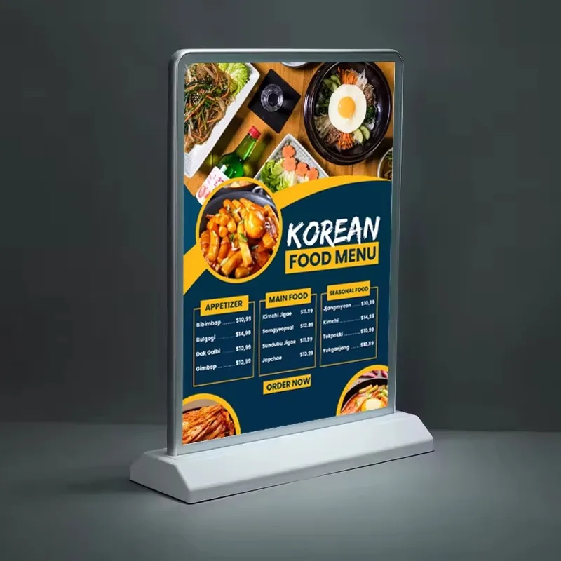 

Silver Desktop Aluminum Frame Rechargeable Restaurant Light Emitting Diode Light Advertising Double Sided Light Box Display