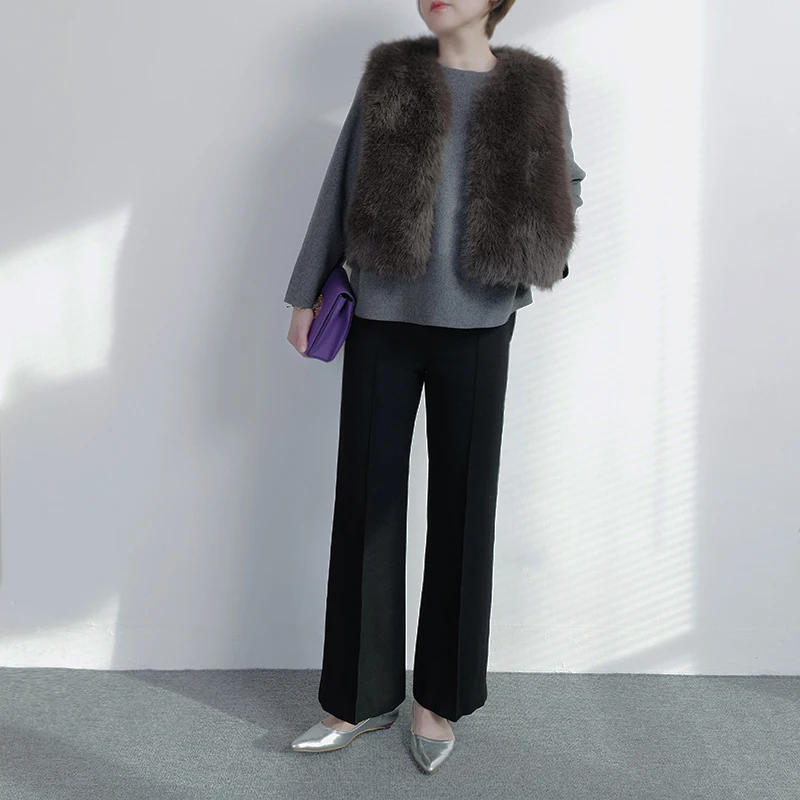 

Женские зимние брюки из шерстяной смеси с высокой талией и широкими штанинами, повседневные, укороченные, с эффектом похудения, простой дизайн, от Wooden Scents