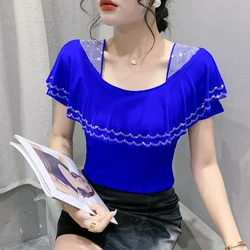 New 2026 Summer Short Sleeved Women's T-Shirt Fashion Casual Ruffles Tees Hot Diamond Mesh Tops M-3XL Blusas Clothes