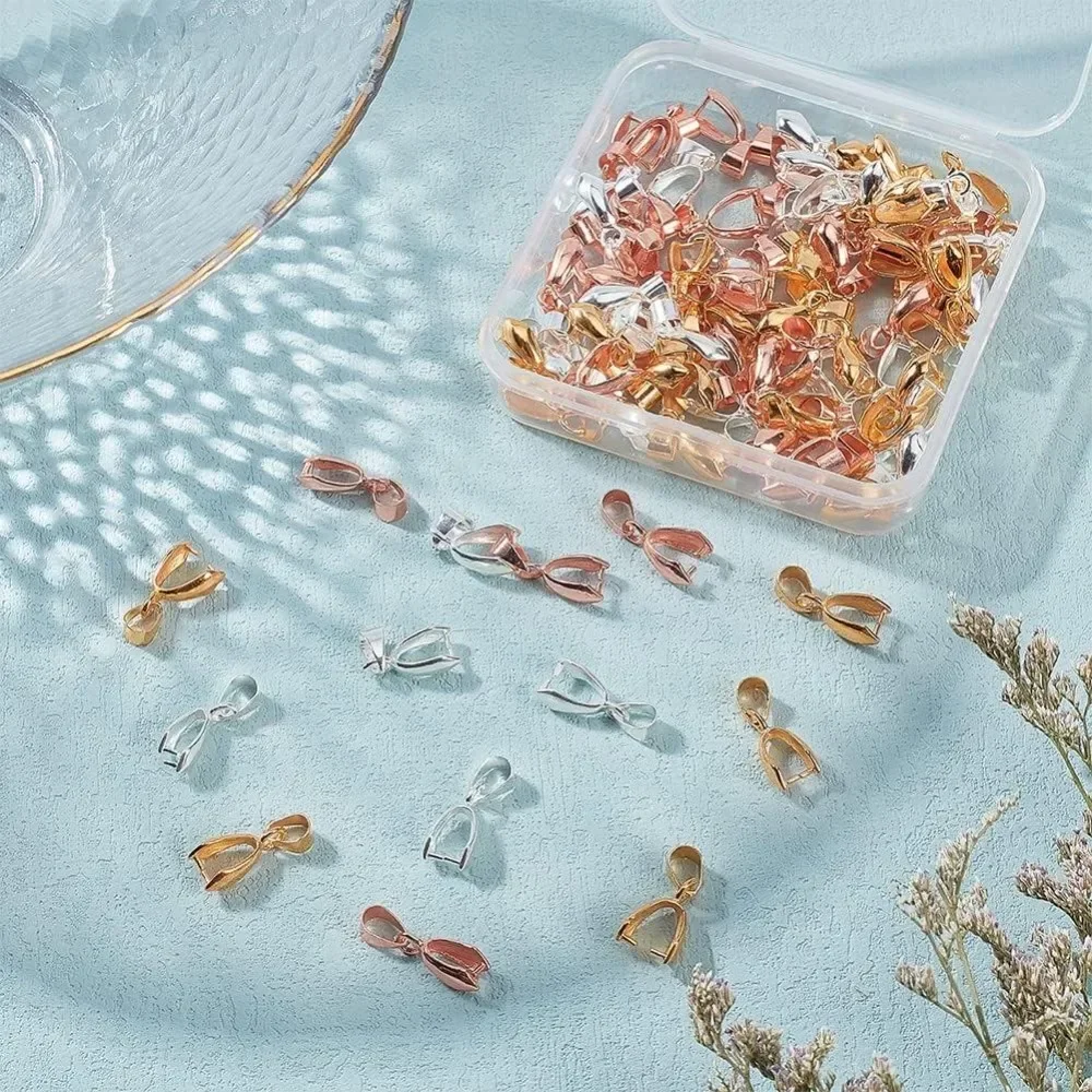 90 pcs 3 Colors Brass Pinch Bails Pinch Clip Bail Clasp Dangle Charm Bead Pendant Connector Findings Golden/Silver/Rose Gold
