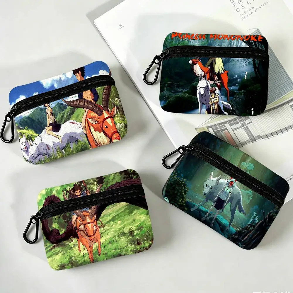 Anime P-Princess M-Mononoke Portable Oxford Fabric Mini Wallet Carabiner Design Small Coin Bag For Cards Keys Earphones