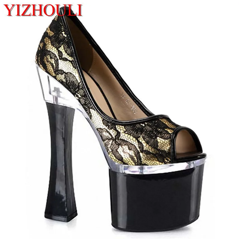 

17-18 cm square heel fishmouth model runway shoes, net cloth vamp pole dance performance dance shoes