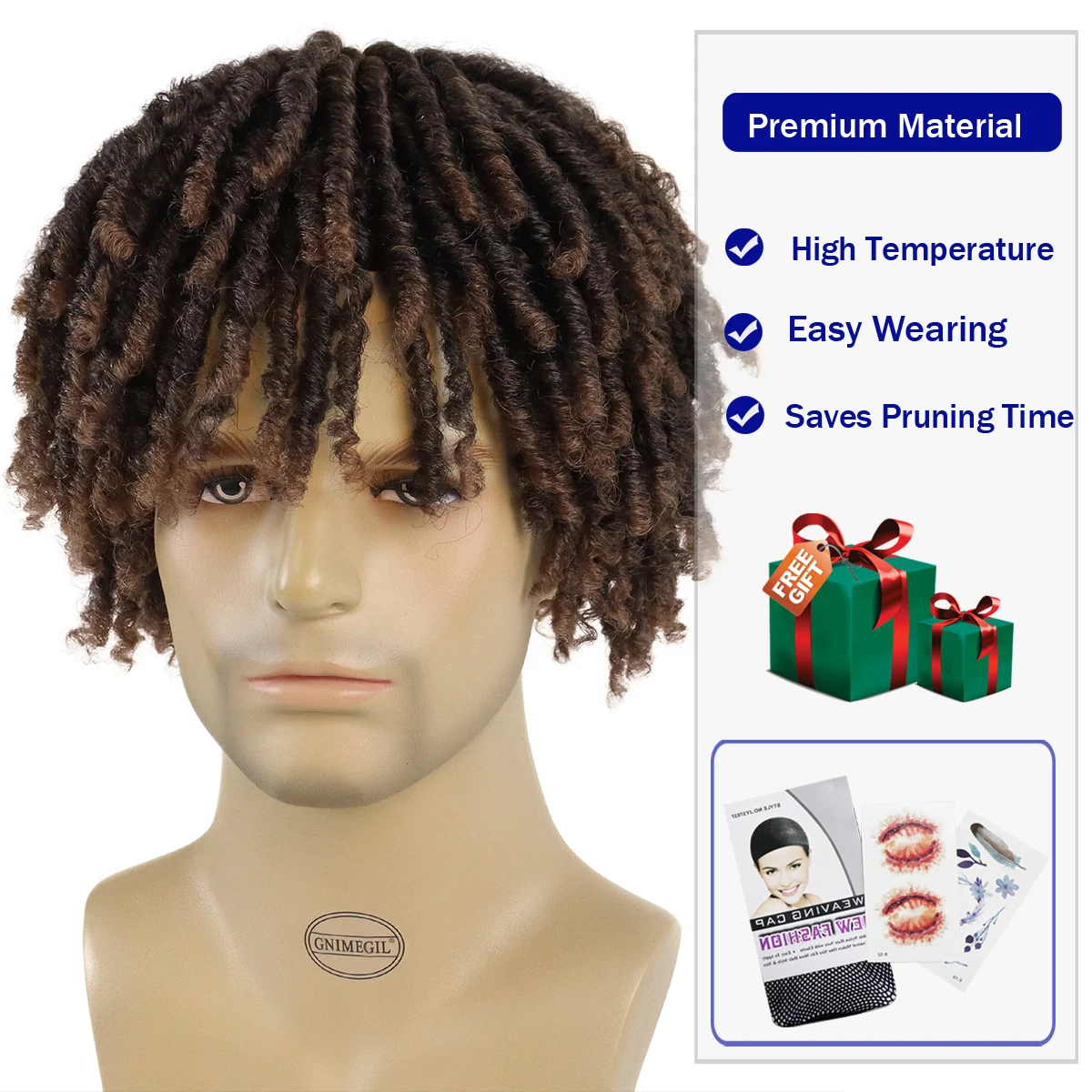 Men's Short Spring Twist Synthetic Wig Ombre Brown to Light Brown Fluffy Heat Resistant Dreadlock Wigs for Daily Cosplay Wear