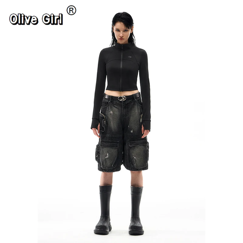 Olivegirl 2026 Summer Black Shorts Trousers Y2k Street Loose Straight Wide Leg Jeans Vintage Oversize Washed Denim Short Pants