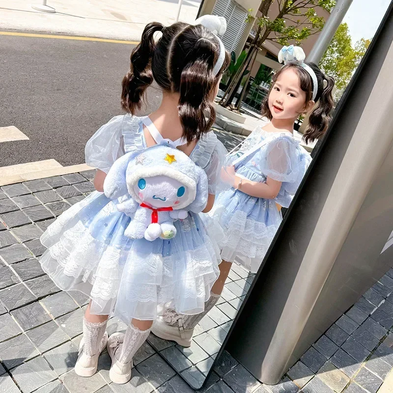 Kawaii Cinnamoroll Girls 2024 New Dresses Summer Anime Sanrio Girly Heart Cute Lolita Princess Dress Children's Birthday Dress