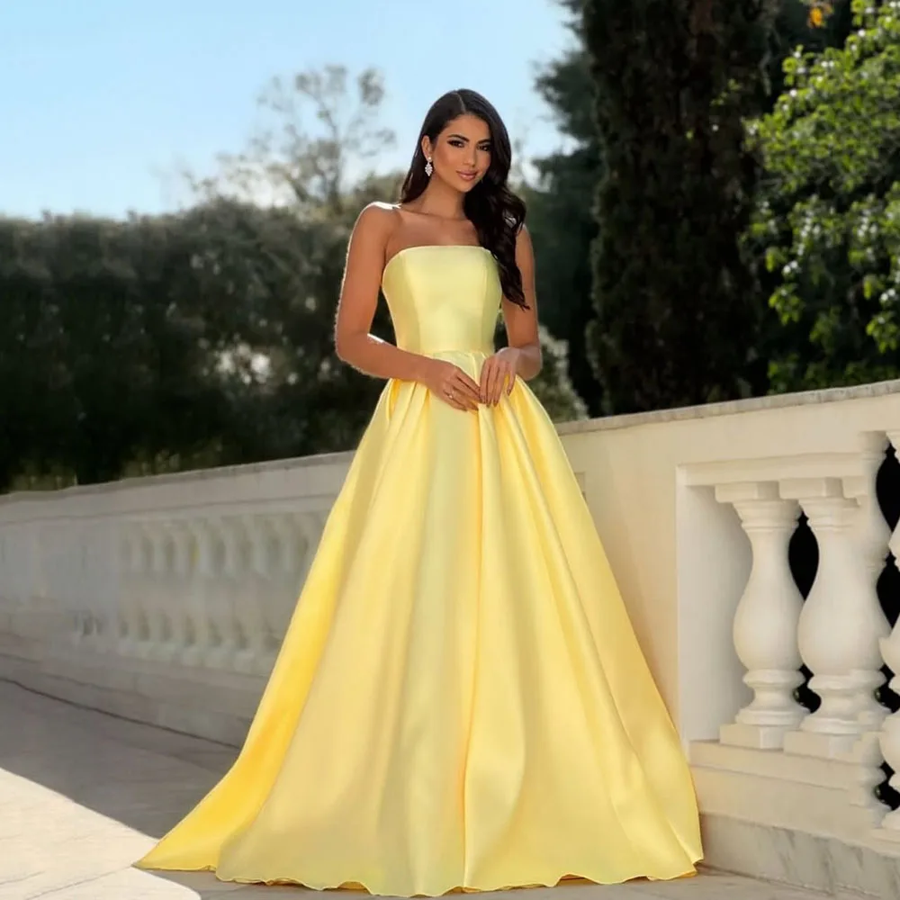 

Msikoods Yellow Strapless Formal Dress Customized 2025 Simple Satin A Line Long Prom Gown Evening Party Dress Graduation Gown