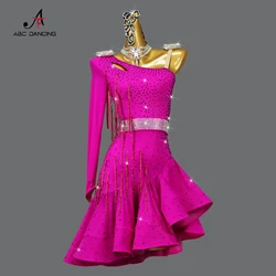 2024 vermelho traje de competição de dança latina sexy novo adulto wear feminino midi vestido roupas de salão menina esporte festa saia personalizado