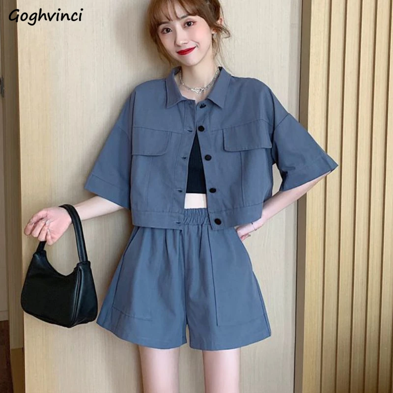 

2 Pcs Sets Women Summer Safari Style Short-sleeve Solid Crop Shirts Ulzzang Harajuku Wide Leg Shorts Boyfriend Loose All-match