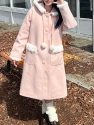 Inverno dolce Preppy donna con cappuccio Sweetheart cappotto di lana rosa Vintage monopetto moda addensato cappotto lungo manica intera