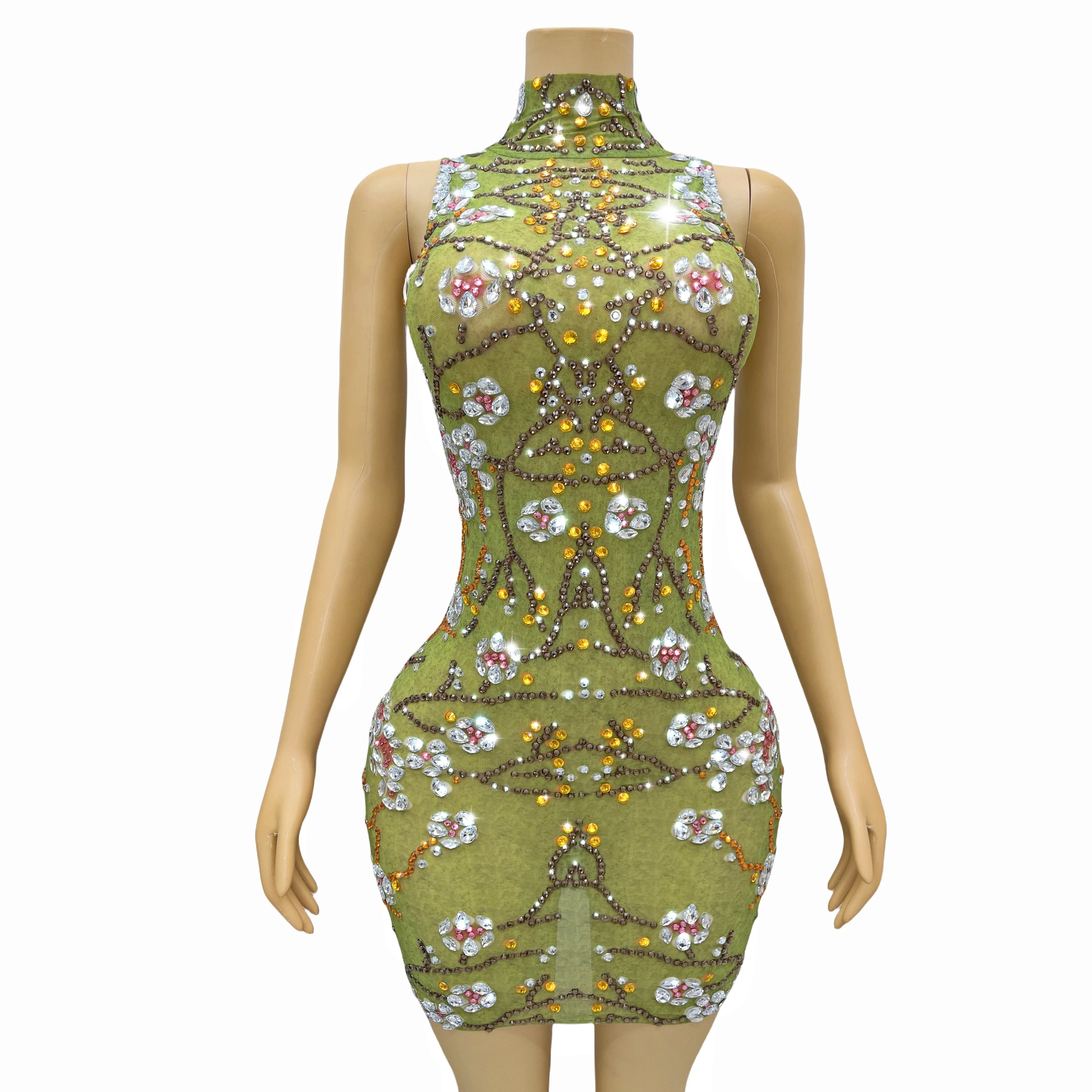 Błyszczące kolorowe raśni jasnozielona sukienka wieczorowa urodziny bez rękawów uroczystość rozciągliwy kostium seksowny strój chunhuaqiuzhi