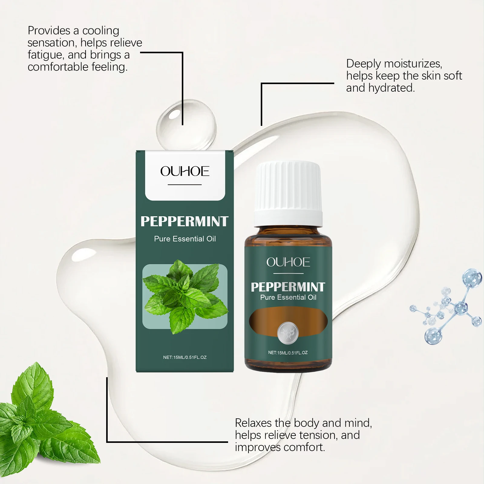 OUHOE Peppermint Pure Essential Oil - Cool Sensation, Relax Body & Mind, Muscle Relief, All Skin Types, Multifunctional Use