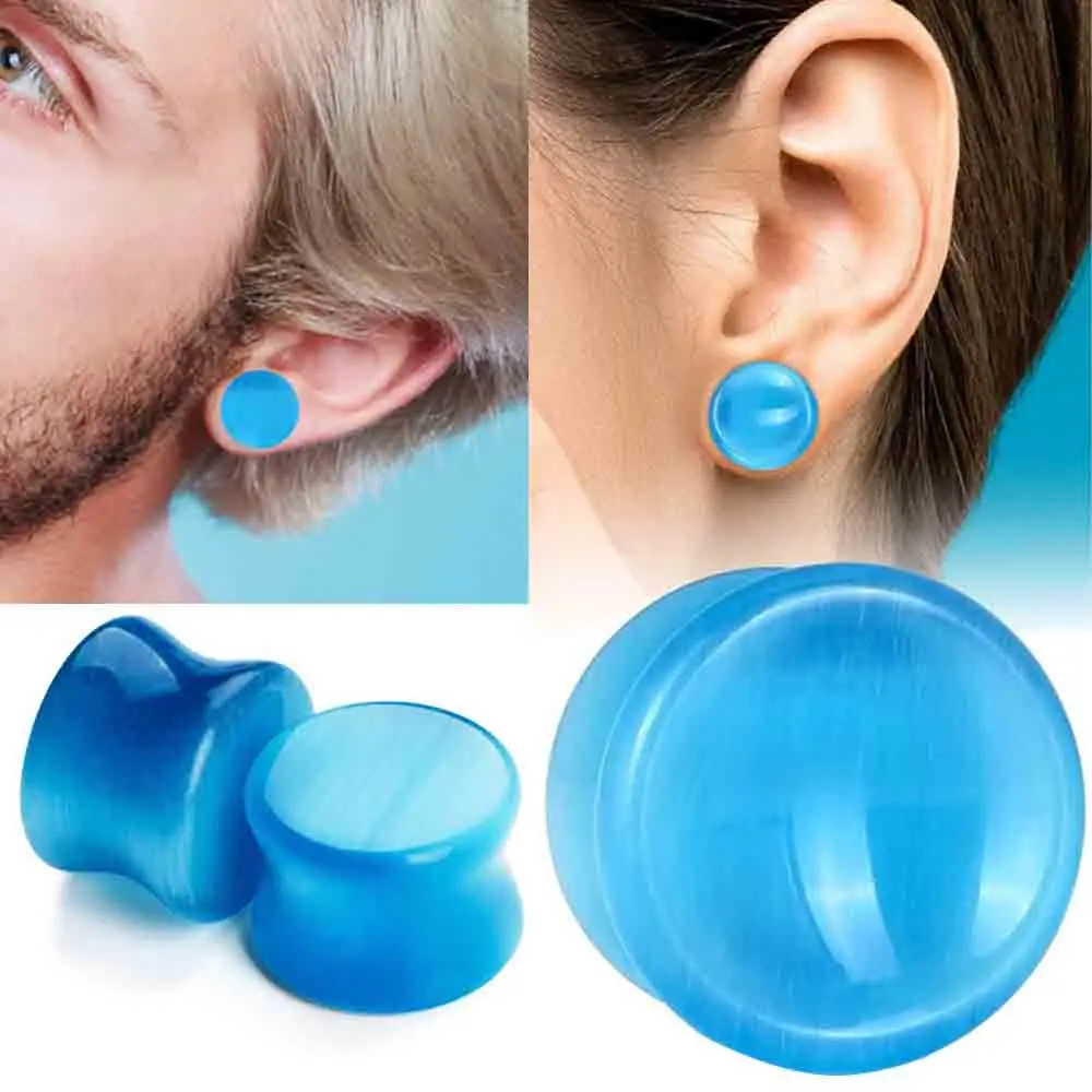 2PCS Blau Katzenauge Stein Ohrstöpsel Tunnel Sattel Runde Hohl Solide ConcaveExpander Körper Piercing Messgeräte 2g-5/8'' – Detail 7
