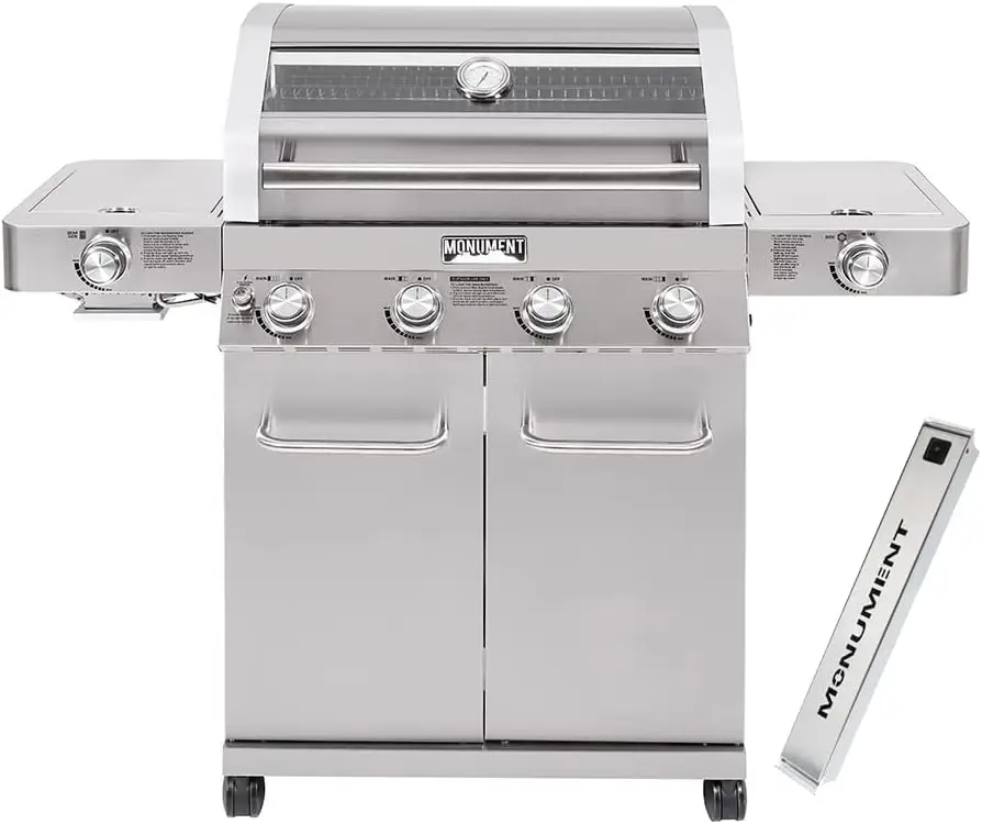 

Oversized 4-Burner Propane Gas Grill in Stainless Steel with Cabinet Style, Includes Infrared Side Sear Burner and Side Burner with Smoke Box (2 Items)