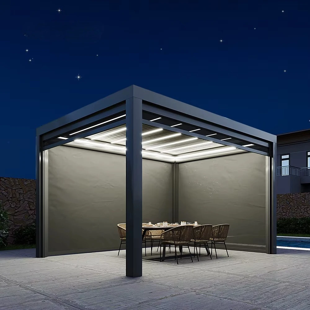 

Automatic aluminum louvered pergola with bioclimatic awnings for outdoor gazebo shading and patio roof