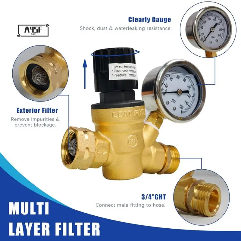 

A45F-RV Water Pressure Regulator, Adjustable Handle Brass Water Pressure Regulator With Gauge And Inlet Screen Filter For RV