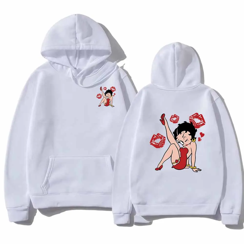 Sexy B-Betty Boop Cute Cartoon Lips Printed Casual Hoodies Loose Trendy Drawstring Hooded Pullover Sportwear Unisex Tops