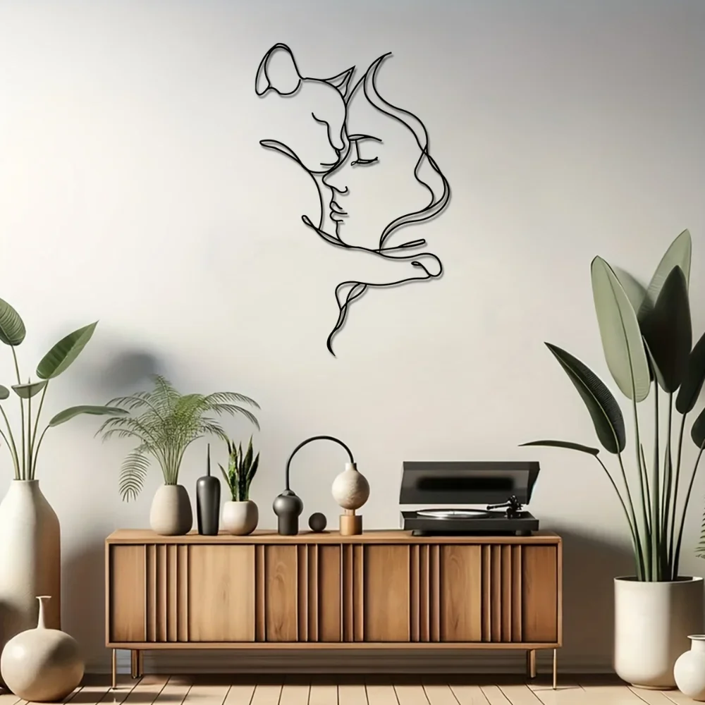 Minimalist Cat and Woman Metal Wall Art - Decorative Black Cat and Girl Silhouette, Perfect for Cat Lovers