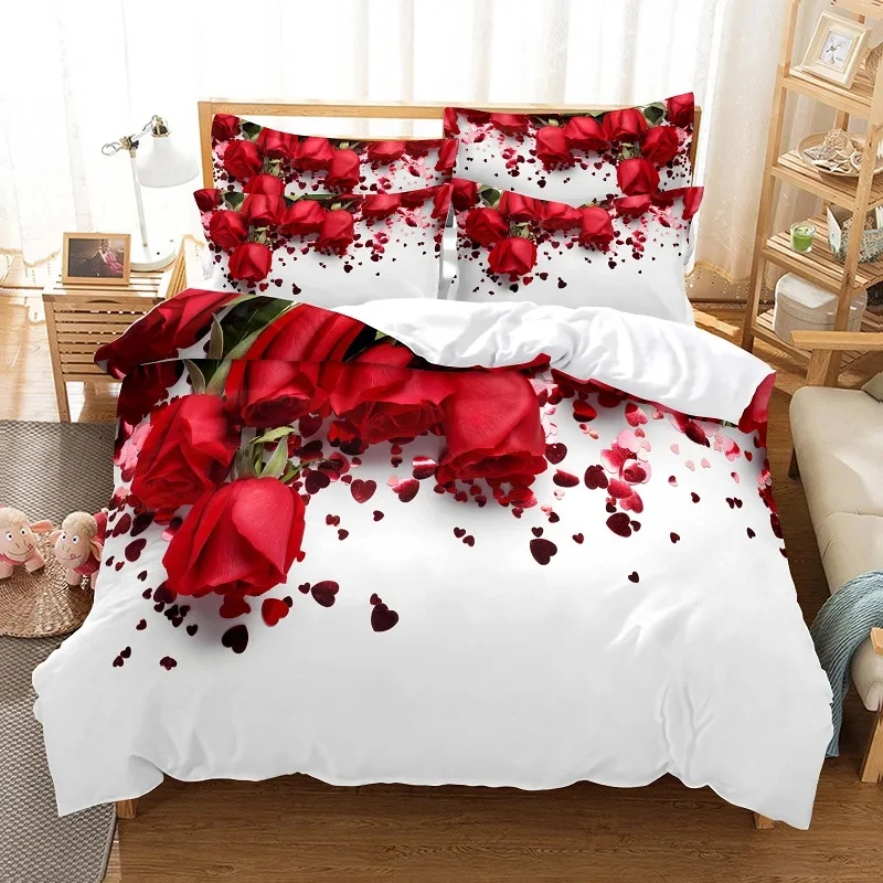 Red Rose Duvet Cover Set Twin King Size Romantic Floral Bedding Set Flower Comforter Cover with 2 Pillowcase For Valentine's Day
