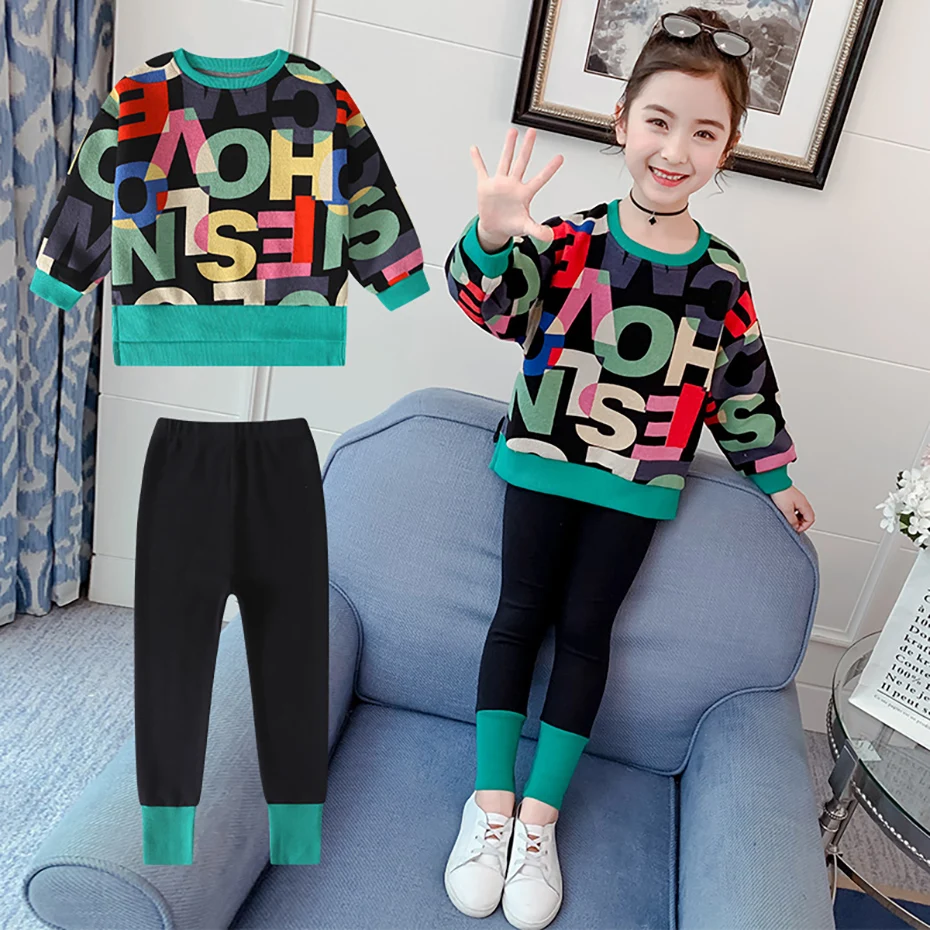 Girls Sport Clothes Sweatshirt + Leggings Clothes For Girl Letter Pattern Kids Girls Clothes Teenage Children Clothings