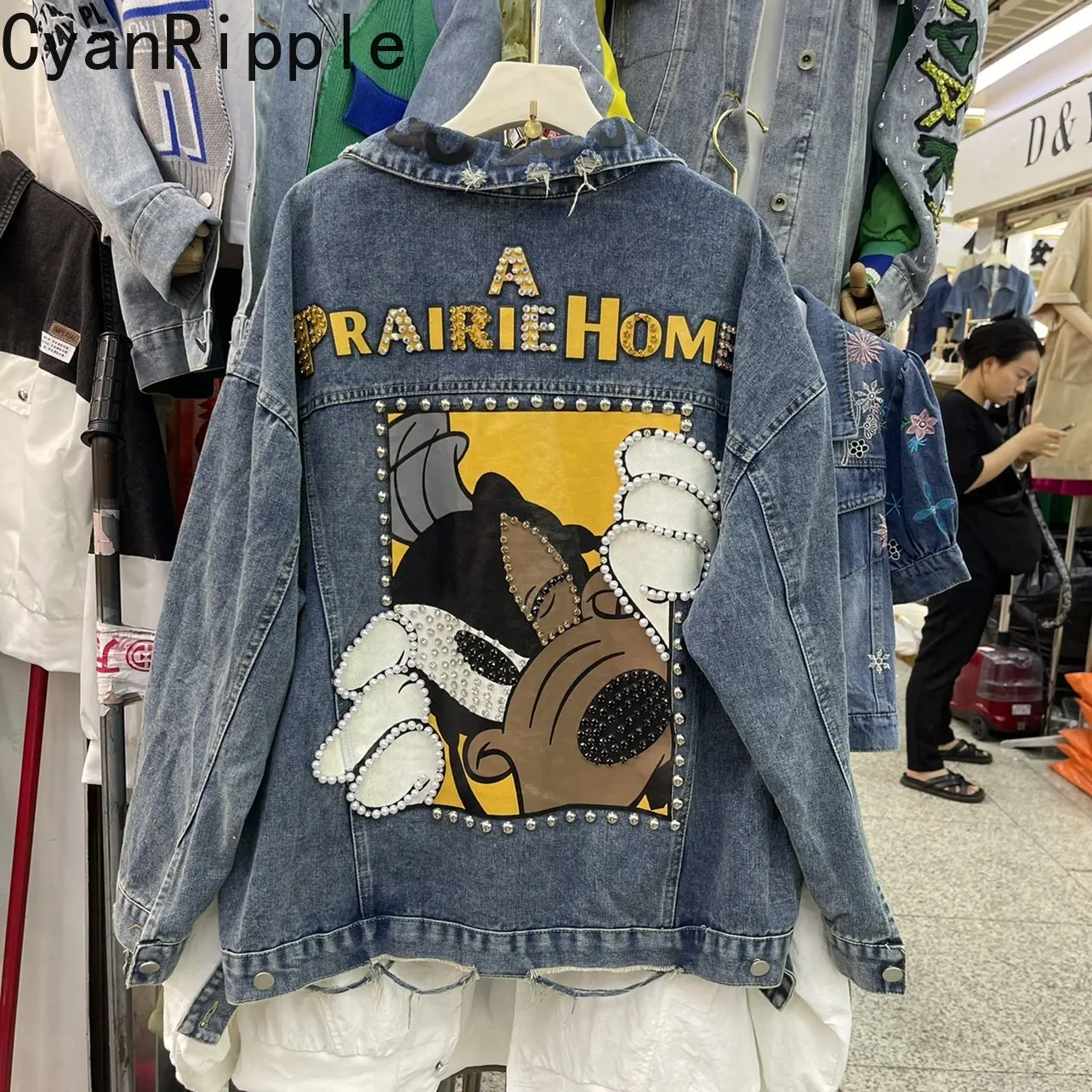 

Модная женская джинсовая куртка на весну-осень с бриллиантами и мультяшными бусинами, свободный кардиган, топ оверсайз, повседневное джинсовое пальто с длинным рукавом