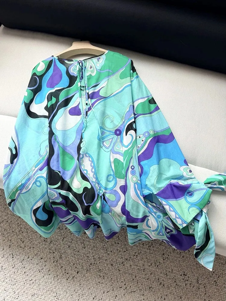 Spring Summer Fashion Beach Style Geometric Vintage Printing Blouses Women's O-Neck Loose Batwing Sleeve Lace-Up Shirt
