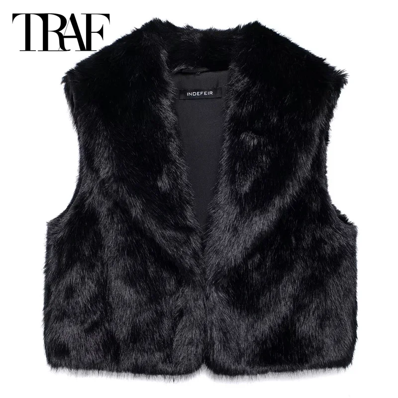 TRAF 여성용 모피 조끼, 블랙 크롭 민소매 조끼, 신상 겉옷, 짧은 길레트, 가을 겨울