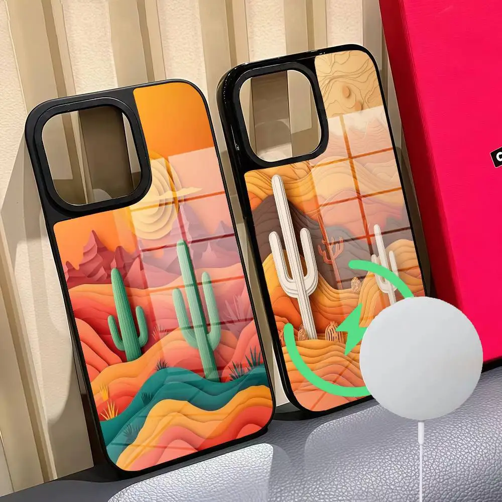 

Desert And Cacti Art Phone Case For Iphone 16 15 14 12 11 13 Pro Max Mini Puls Magnetic Glass Cover