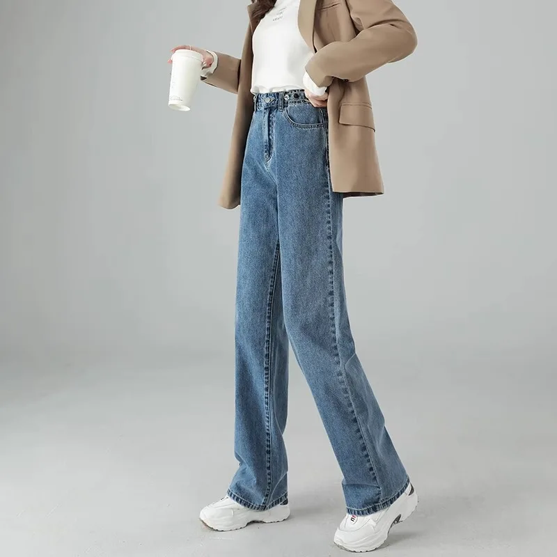 กางเกงยีนส์ขากว้างทรงตรงเอวสูงสำหรับผู้หญิง รุ่นใหม่ประจำฤดูใบไม้ร่วงและฤดูหนาวปี 2025 ทรงหลวม ขาเรียวเล็ก สีพื้น ยาวคลุมเท้า