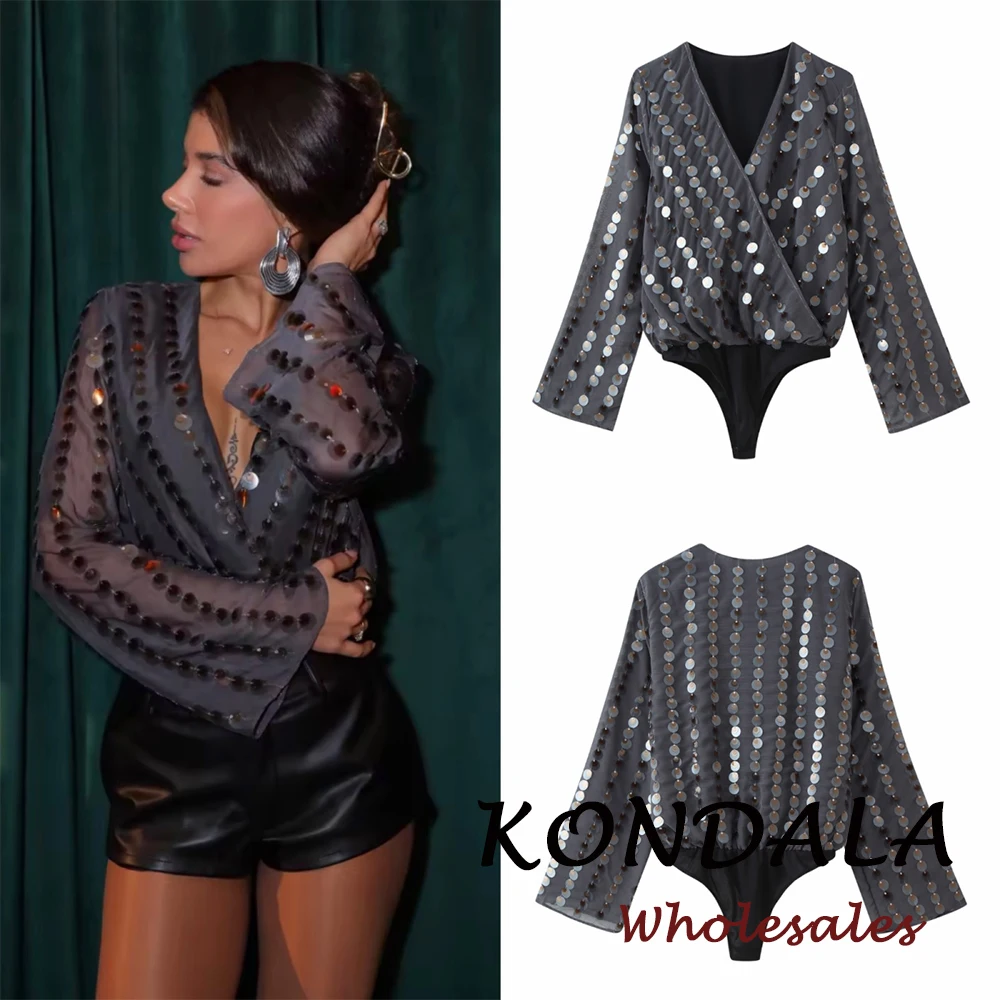 

KONDALA Chic 2026 Woman Sexy Bodysuits Sequin V-Neck Long Sleeve Bodysuits Slim V-Neck Bodysuits Fashion Mujer Casual Party Tops