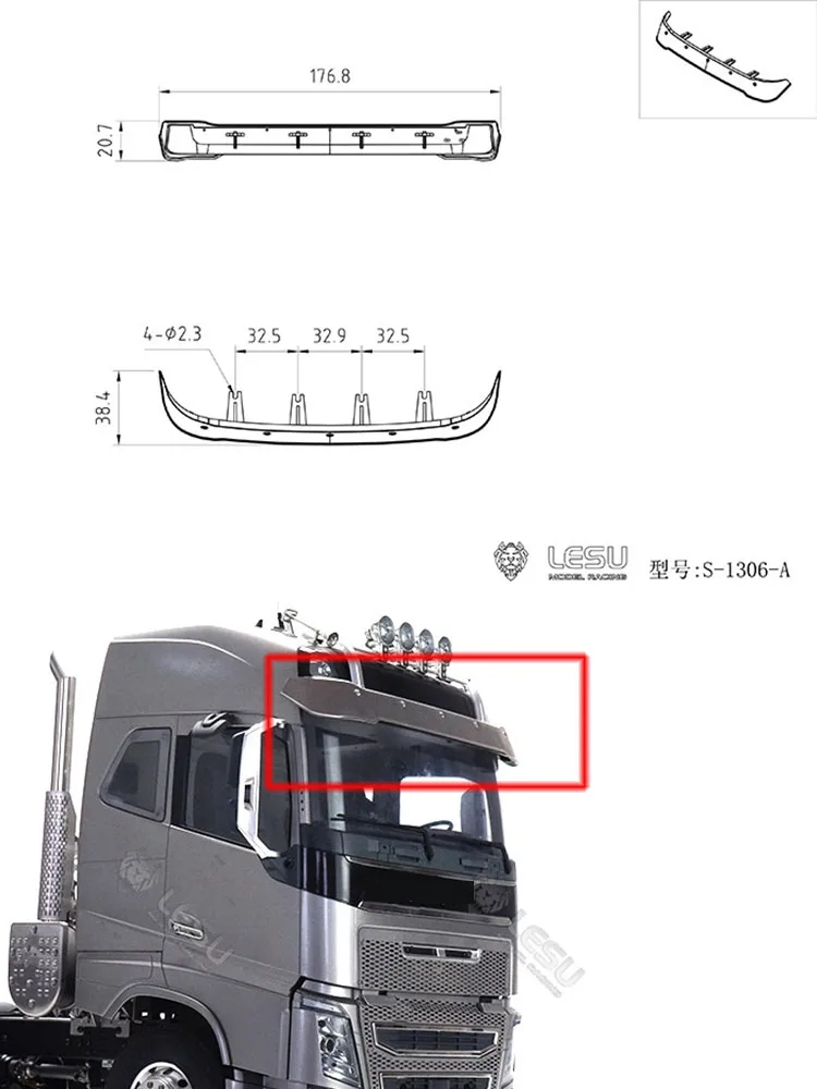 Cabin Sun Visor Metal S-1306-A Upgrade for 1/14 Tamiya RC For Volvo FH16 Tractor Truck Romote Control Tipper Toy Parts