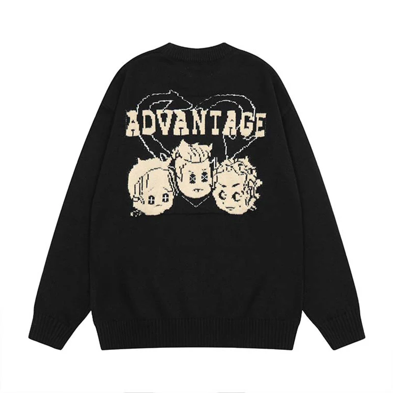 

Winter Black High Street Pullovers Mens Harajuku Cartoon Character Love Letter Knitted Sweater Vintage Couple Pull Homme Hombre