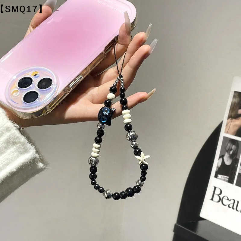 Black Mobile Phone Lanyard Cartoon Cat Anti Lost Rope Wrist Strap Bead Bracelet Design Plush Car Keychain Bag Accessory【SMQ】