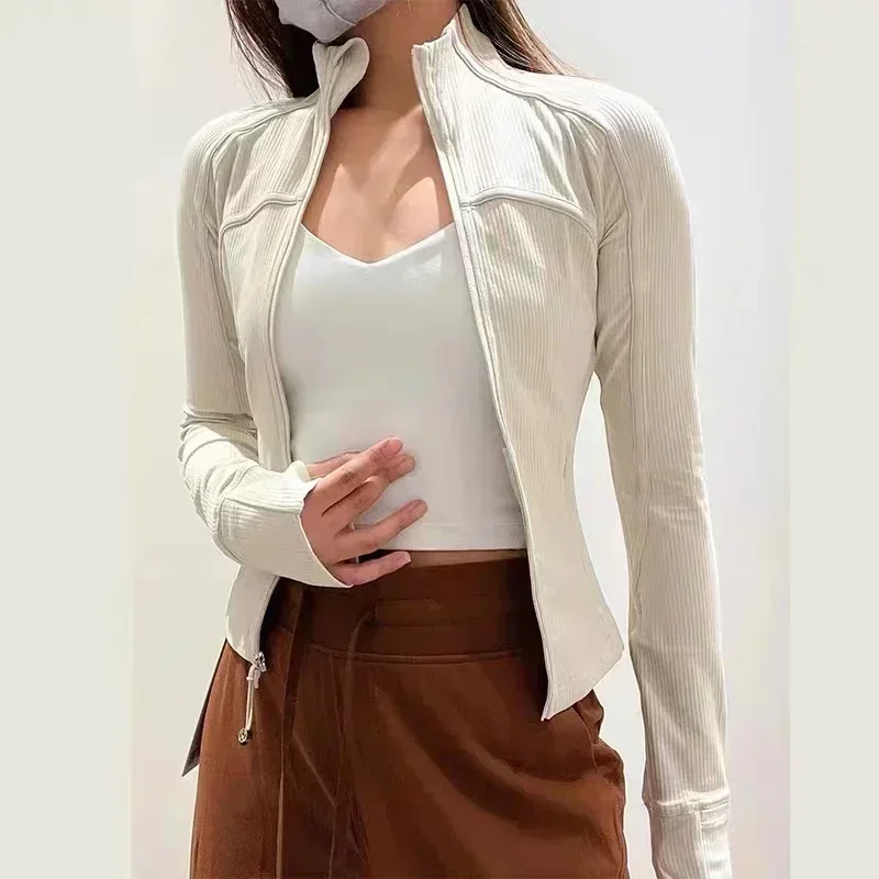 

Lemon Women Ribbed Cropped Define Stand Neck Jacket Lightweight Breathable High Elastic Tight Sport Coat Outdoor Fitness Top