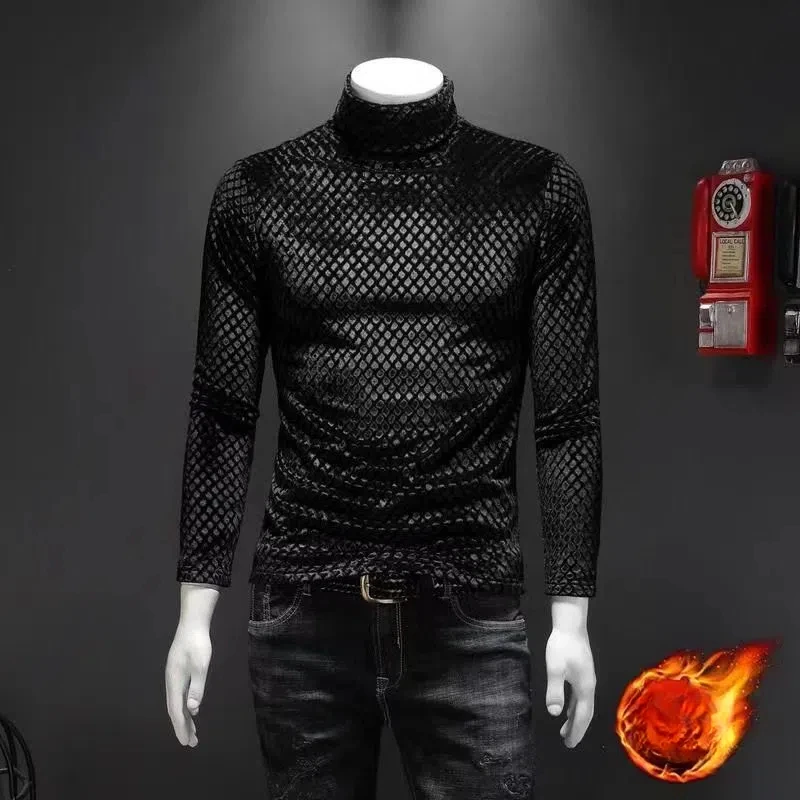 

Весенний однотонный пуловер с полувысоким воротником, мужская одежда, футболка с длинными рукавами и геометрическим принтом, модные винтажные топы JJ908