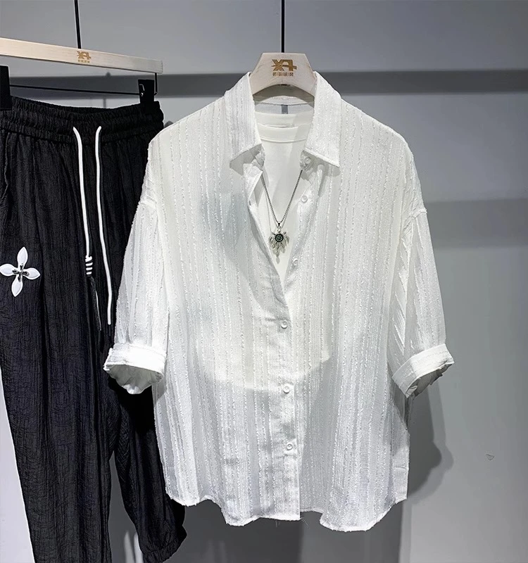 

Мужская летняя футболка из ледяного шелка, свободного кроя, тонкая, модная, новая, молодежная, с воротником-стойкой и пуговицами