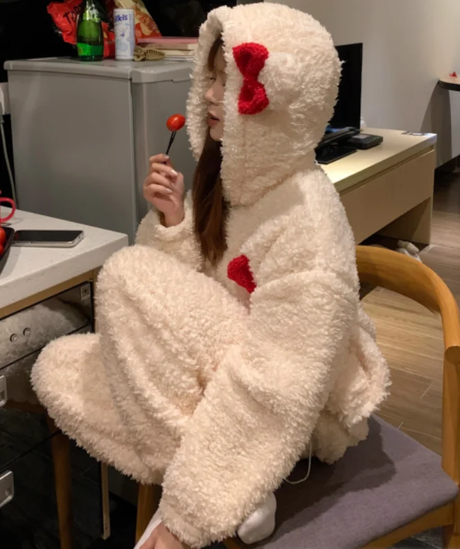 كبيرة الحجم الشتاء النساء سميكة مقنعين المرجان بيجامة من الصوف مجموعة 2025 جديد الحلو فضفاض الدافئة الحد من العمر مريحة المتسكعون #3