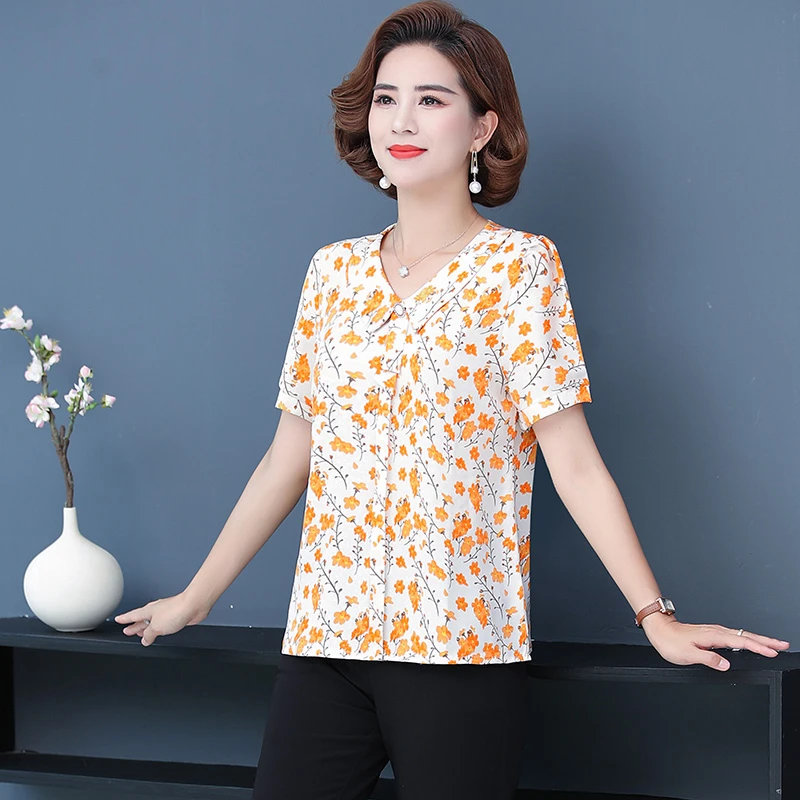 Middle-aged mother print Slim Shirt New Summer Lapel short sleeves Loose Blouse Female 5XL Top