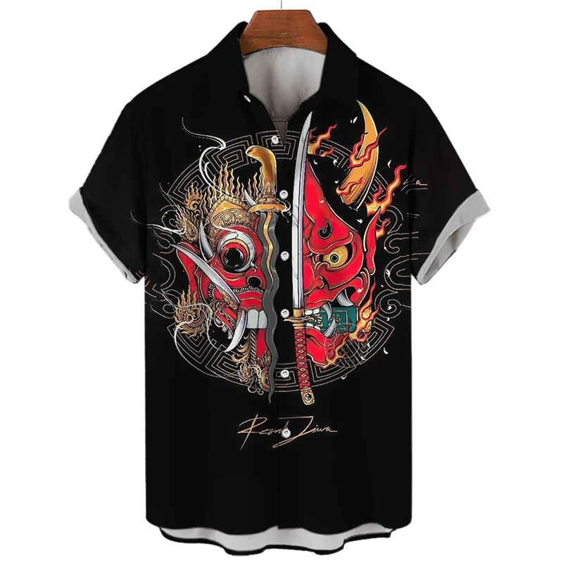 

Vintage Men's Shirt Samurai Horror Shirts Japanese Style Print Camisa Masculina Oversized Casual Hawaiian Tops Ladies Blouses