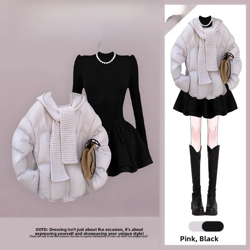 

Модный свободный женский зимний комплект: платье с эффектом похудения, свитер с длинным рукавом и пуховик в наборе