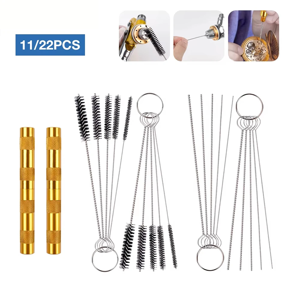 11/22 Pcs AirBrush Spray Gun Nozzle Cleaning Set Needle Brush Repair Tool Stainless Steel Handle Precision Car Motorcycle Kit