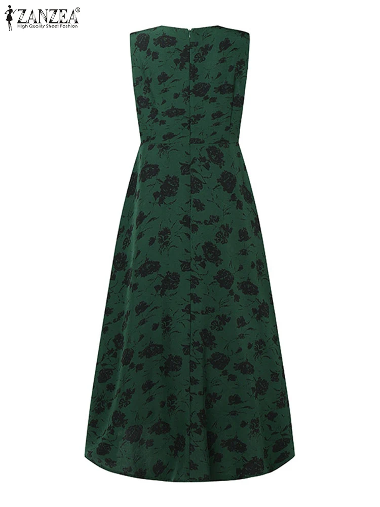 2025 ZANZEA 보헤미안 여성 꽃 프린트 여름 드레스 민소매 맥시 Sundress 캐주얼 빈티지 Pleated 파티 비치 롱 Vestidos