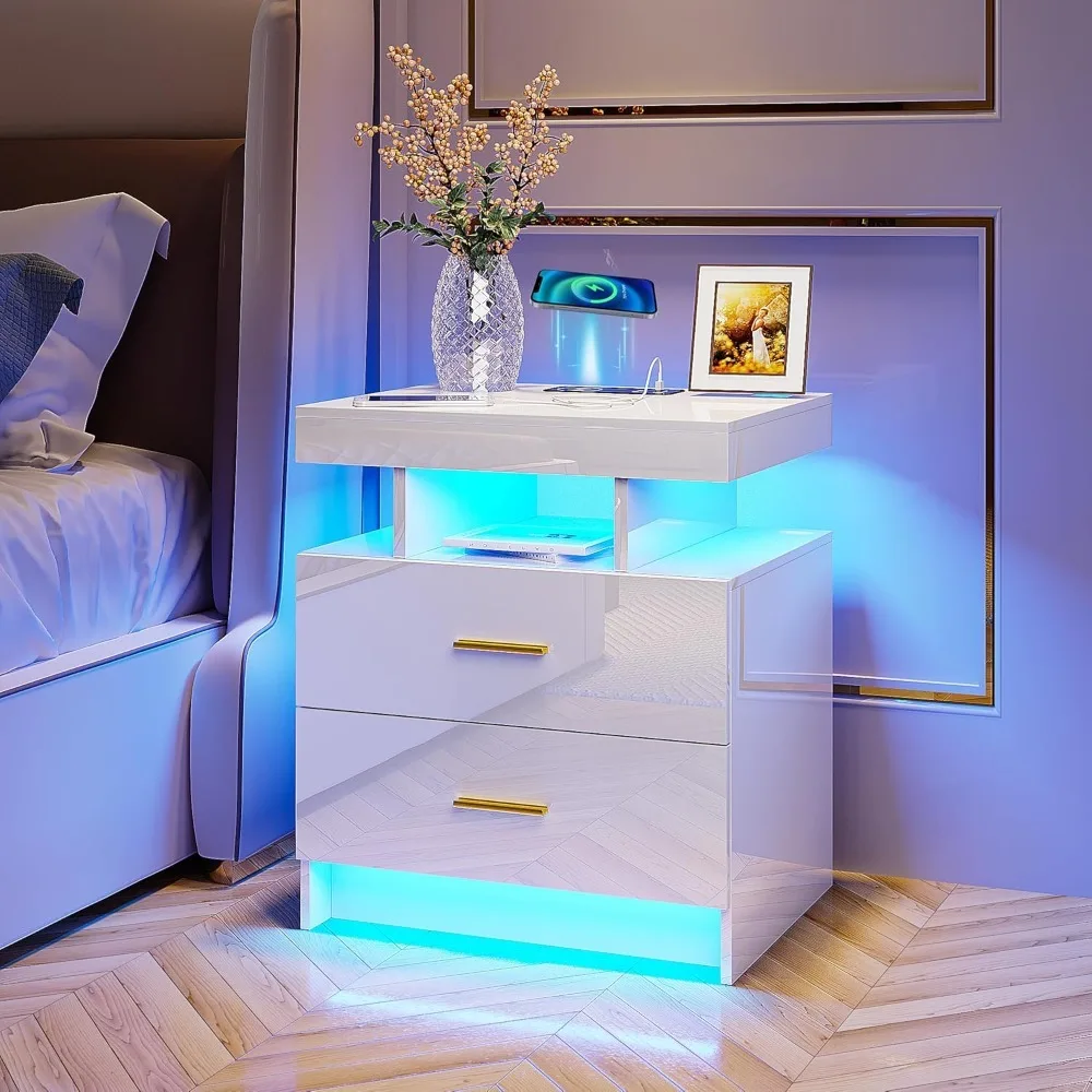 

Auto LED Nightstand with Wireless Charging Station USB Ports High Gloss Bedside Table 2 Drawers Floating Nightstand 3 Color