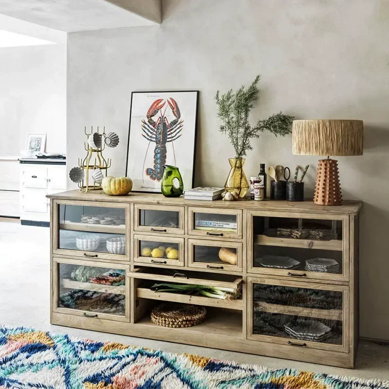 Solid Wood Dining Side Cabinet Wall Mounted Storage Unit with Glass Door Compact Locker for Small Apartment Living Room