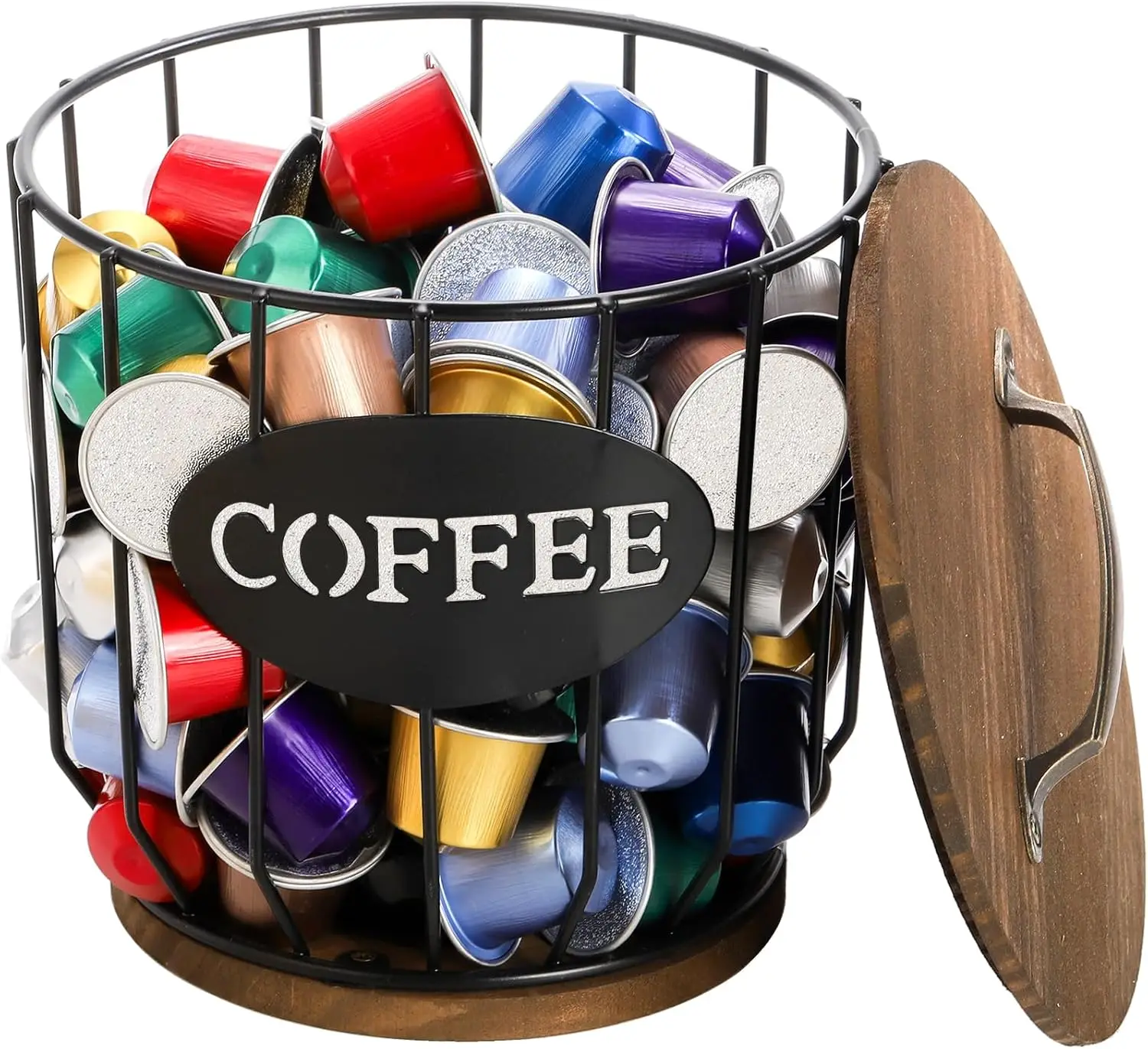 Large Capacity Coffee Pod Holder with Wooden Base, Black Wire Storage Basket for Kitchen Countertop and Cafe Organization